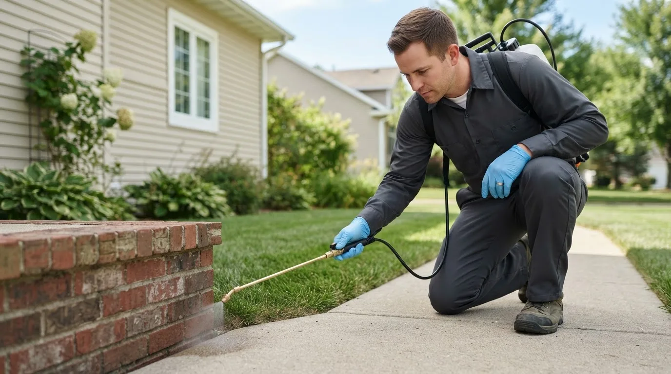 Pest control technician treating a home near Burdett, KS