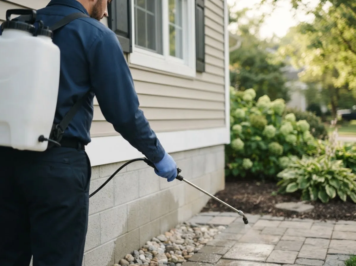 Pest control technician inspecting a home in Burdett, KS